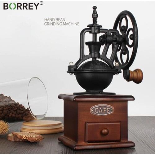 BORREY Manual Coffee Grinder Vintage Style Wooden Coffee Bean Grinder Roller Grain Mill Hand Crank Coffee Grinder Barista Tools