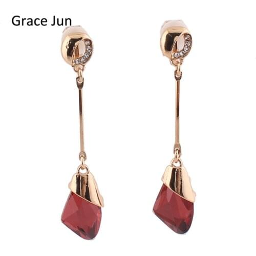 Grace Jun 8 Colors Choose Rhinestone Crystal Long Clip on Earrings for Women Party Fashion Water drop Shape Pierced Earrings New