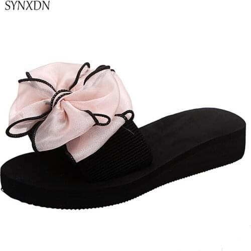 Low Price Women Summer Slippers Thick Bottom Soft Comfortable Lace Girls Sandals Butterfly-Knot Pink Slides Female Footwear New