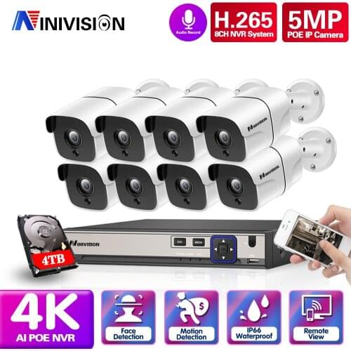 NINIVISION 8CH 5MP POE Video Security System 5MP Audio Outdoor Weatherproof IR Night Vision IP Camera CCTV Surveillance Kit