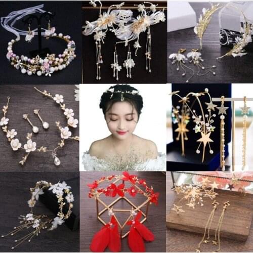 1Set White Red Gold Butterfly Lace Pearls Wedding Hair Accessories Bridal Pearl Beads Head Jewelry + Earring For Bride headwear