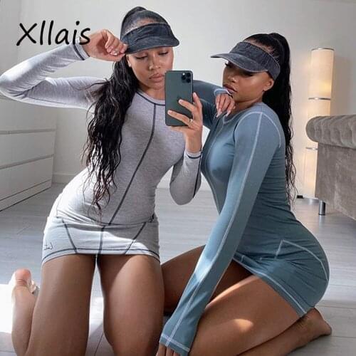 XLLAIS Knitting Cotton Material Party Dresses Women Sexy Bodycon Gray Slim Vestidos Long Sleeve Christmas Birthday Clothes