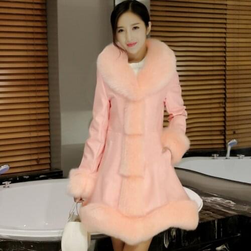 PU leather clothing thick down cotton clothing winter womens clothing imitation fox fur collar long slim Slim stitching jacket