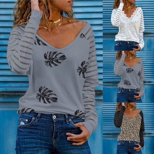 Womens Clothing Autumn Winter New Fashion T-shirt Women V-neck Flower Print Long-sleeved Casual Loose Striped T-shirt Plus Size