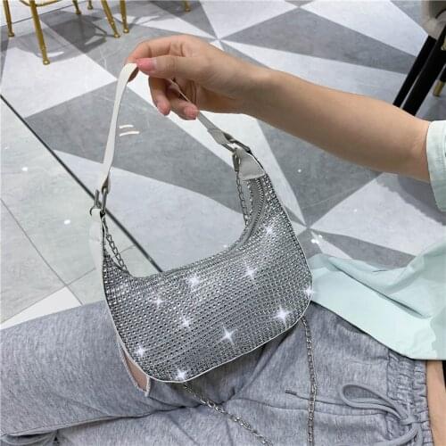 Underarm Bag Women 2020 New Fashion All-match Rhinestone Chain Shoulder Bag Baguette Bag Womens Portable Crossbody Bag