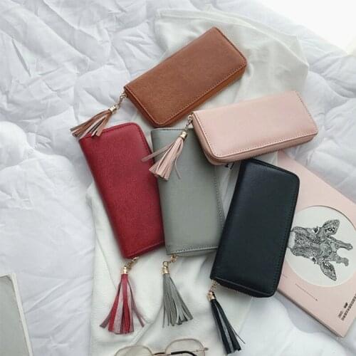 Tassel Zipper Women Wallet PU Leather Solid Color Causal Card Holder Ladies Fashion Wallet Phone Wristlet Cultch Purse