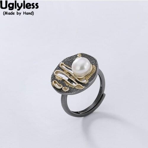 Uglyless 100% Real 925 Sterling Silver Natural Pearl Rings for Women Anti Fade Black Gold Open Finger Ring Hollow Round Jewelry