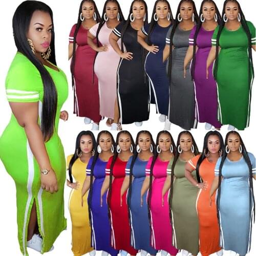 Women Solid Casual Summer Long Dress Ladies Short Sleeve O Neck Side Split Bodycon Skinny Sundress Plus XL-5XL Dresses Vestidos
