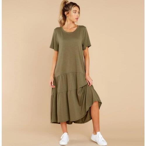 Spring Summer Casual Loose Midi Dress 2021 Women Solid Color Fashion Ruffles Design O-Neck Short Sleeve Holiday Vestidos Female