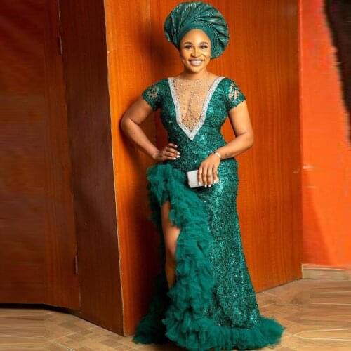 Hunter Green Aso Ebi Sequined Prom Dresses Short Sleeves Sequins Beading Plus Size Side Split Evening Dress Women Party Vestidos