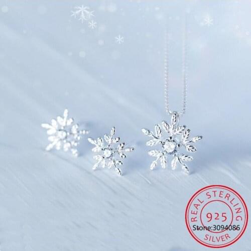 100% 925 Solid Real Sterling Silver 9mmX9mm Snowflake Stud Earring Pendant Short Necklace For Girl Women Jewelry DS1144