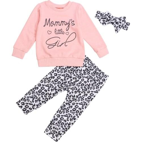 Little Girls Newborn Baby Girl Long Sleeve Letter Print Pullover Sweatshirt Tops Leopard Pant Headband 3PCS Baby Clothing Set