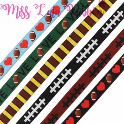 5/8"16mm Sports Lover Series Love Rugby Heart Printed Fold Over Elastic Ribbon DIY Hair Bowknots 50yards/roll