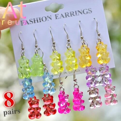 8pairs/set Candy Color Acrylic Gummy Bear Drop Earrings for Women Girl Pearl Studs Zirconia Cartoon Animal Dinosaur Earrings