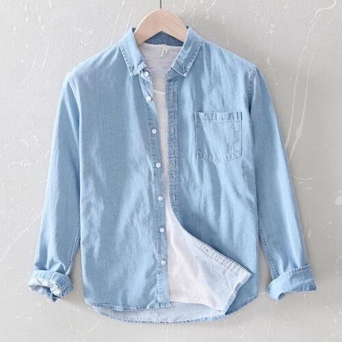 Long Sleeve Denim Shirts for Men Pure Cotton Casual Blue Blouse Male Autumn New Solid Blue Cowboy Tops Man Vintage Clothing