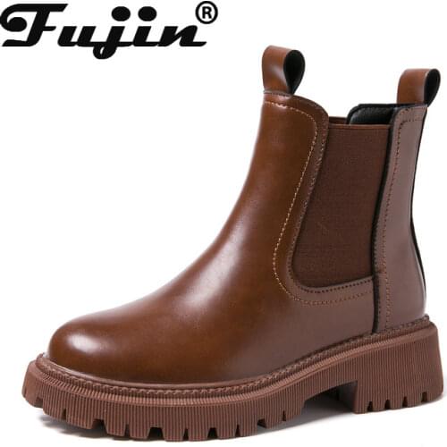 Fujin Platform Womens Ankle Boots Retro Boots Ladies Womens Chelsea Boots Genuine Leather 2021 New Autumn Winter Fashion