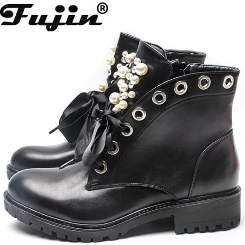 Fujin Womens Short Boots Tongue Pearl Strap Womens Boots Fashion Thick Bottom Breathable Winter Square Heel Tube Ankle Boots