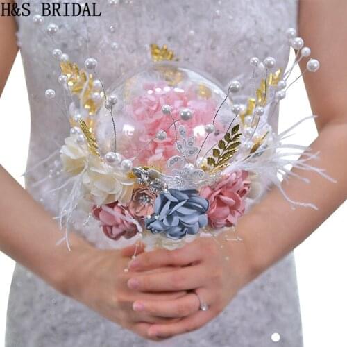 H&S BRIDAL Feather Wedding Bouquet Gold Brooches Pink Bridal Bouquet pearls handle 2020 bouquet mariage Luxurious flower bouquet