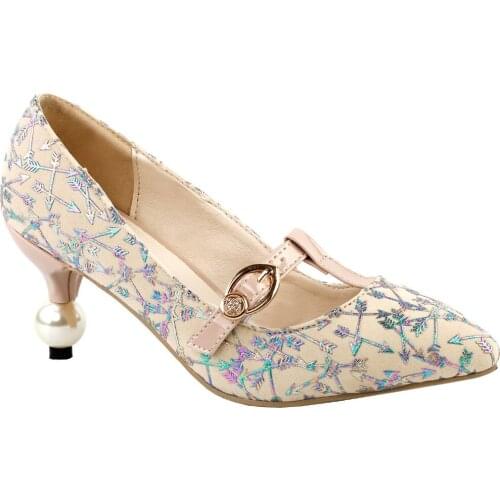 LF60419 Beige Colorful Arrow Gem Mary Jane Bridal Evening Pointed Toe Pearl Heel Pumps
