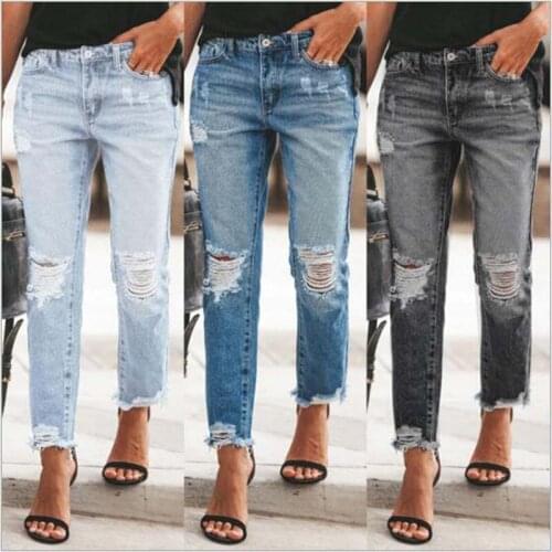Hot Sale Free Shipping Womens Fashion Design Ripped Jeans Streetwear Straight Pants Ladies Casual Cotton Long Denim Trousers