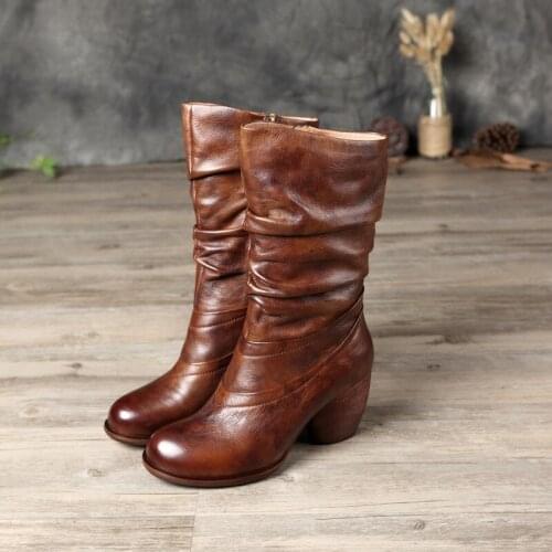 Fashion Snow Boots Shoes Side Zipper High Heels Warm Boot 2020 Women Winter Mid-Calf Boots Genuine Leather Handmade Shoes Ladies