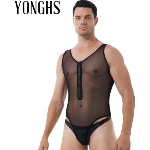 Mens Front Zippered See Through Bodysuit Underwear Sheer Mesh Lingerie Costume Deep U-neck Sleeveless High Cut Teddy Bodysuit