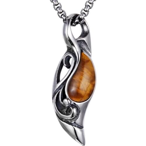Stainless Steel Water Drop Tiger Eye Stone Pendant Link Chain Necklace Black Agates Fashion Jewelry
