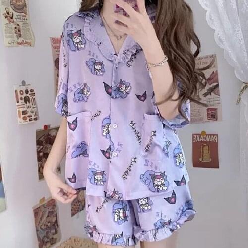 Womens Cute Cartoon Pajamas Set Turn-down Collar Pyjamas Short Sleeves Suit Soft Female Sleepwear Summer Homewear Home Services