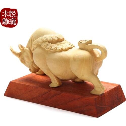 Wood carving bull cattle, Feng Shui lucky wood crafts gifts Home desktop decoration office ornaments (A1004)