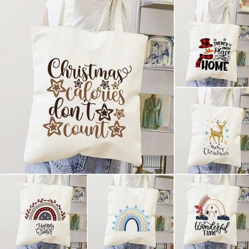 Merry Christmas White Print Canvas Shoulder Bags Ladies Casual Happy New Year Shopping Eco Tote Clutch Handbag Christmas Gifts