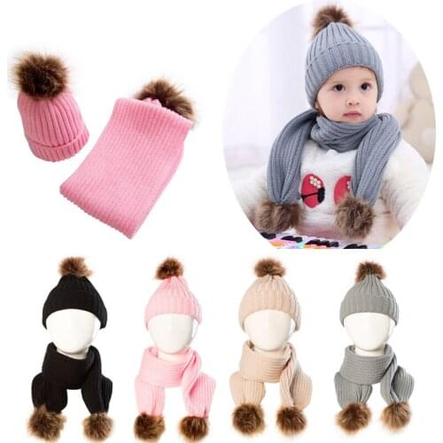 3-8 Years Fashion 2020 Winter Kids Scarves Warm Caps Boys Girls Fur Ball Hat With Scarf Keep Warm Set Kids 2PCS