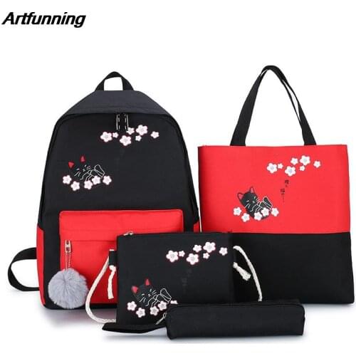 Artfunning Canvas schoolbag backpack for Teenager Girls schoolbag Waterproof travel Orthopedic Backpack mochila infantil 4 set