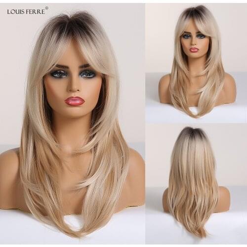 LOUIS FERRE Synthetic Wigs Long Wavy Ombre Black Brown Blonde Ash Wigs with Bangs for Black Women Afro Heat Resistant False Hair