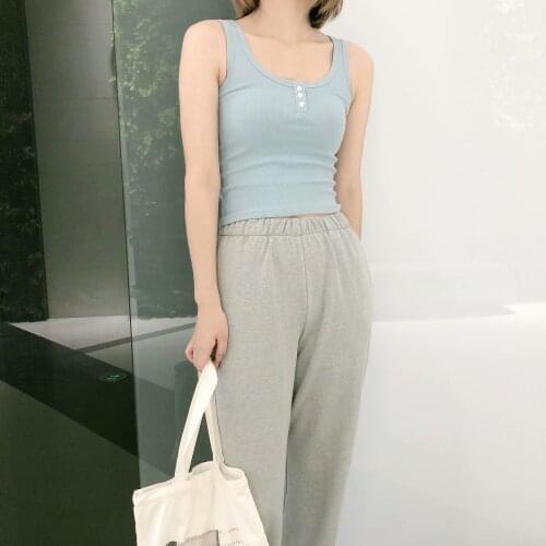 Slim Girls Soft Cotton O Neck Camis 2021 Summer Fashion Ladies High Street Women Thread Gouache Blue Sling Top