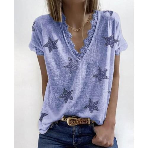 Woman Comfy T-Shirt Five-Pointed Star Print Lace Summer Short Sleeve V Neck T-Shirts Tees Comfortable Womens Clothing 2021 New