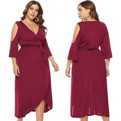 2021 Hot Sale European And American Style V-Neck Plus Size Cold Shoulder Summer Dresses For Women
