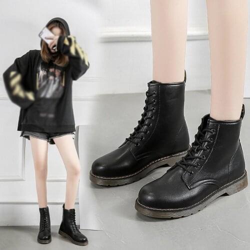 Womens Mid-calf Boots Cool Fashion Black Motorcycle Boots Lace-up High-top Shoes