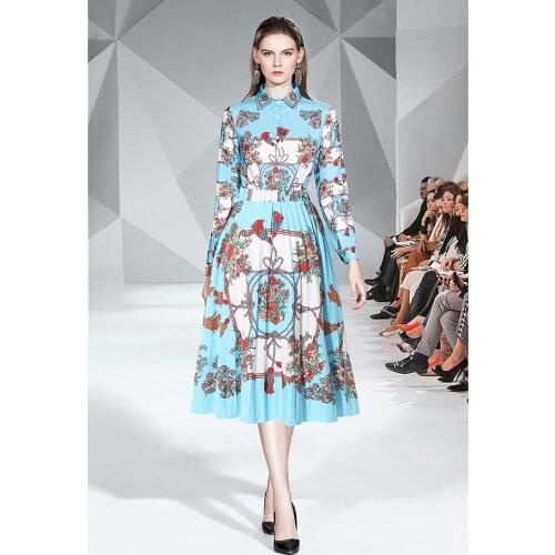 Elegant Dresses For Women 2020 New Office Lady Full Turn-down Collar Two Piece Set Draped Elastic Waist Print Vintage Autumn Set