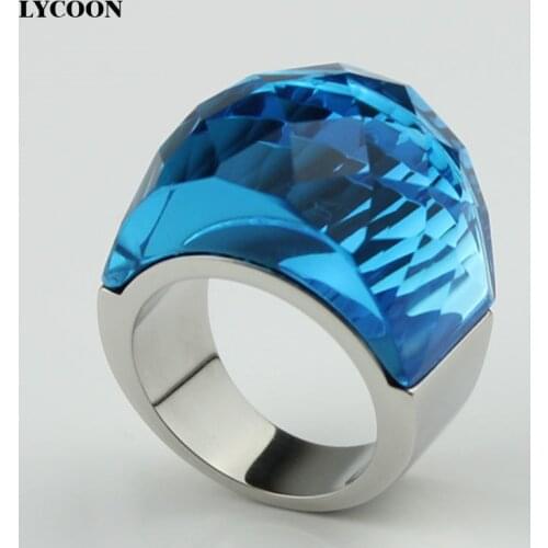 LYCOON high quality 316L stainless steel band with big crystal rings in transparent Lake blue color for women