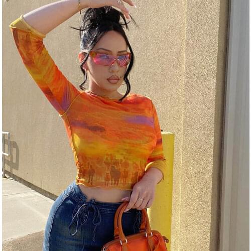 2021 autumn Europe and the United States sexy retro perspective mesh abstract color printed slim cropped bottoming top