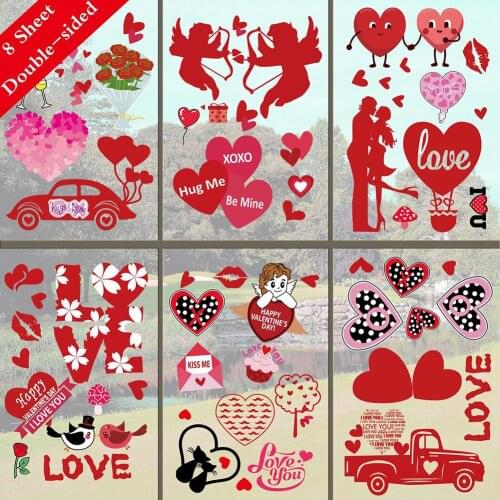 8pcs Love Heart Electrostatic Wall Stickers Double-sided Same Color Window Glass Refrigerator Stickers Love For Valentines Day