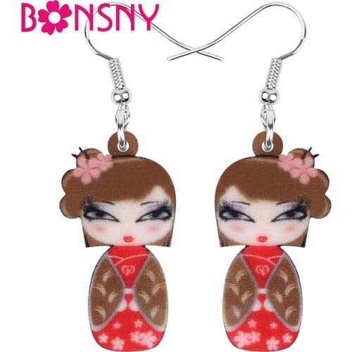 Bonsny Acrylic Anime Japanese Kimono Girl Doll Earrings Drop Dangle Jewelry For Women Girl Teen Kid Party Charm Decoration Gift