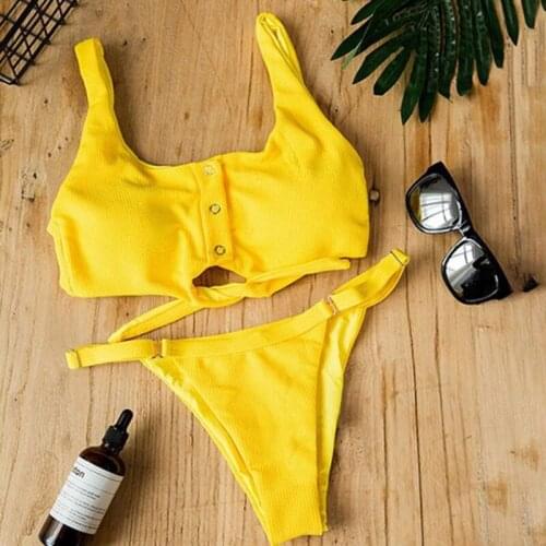 Bikini 2019 Sexy Thong Bandage Plain Bikini Set Swimwear Stretch Bodycon Push Up Padded Brazilian Women