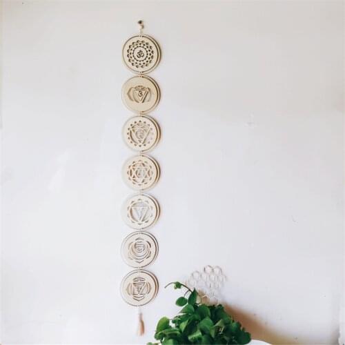 Bohemian Meditation Energy Symbols Crafts Pendant Wooden 7 Chakra Wood Discs Hanging Ornament Chakra Healing Wall Art Fitting