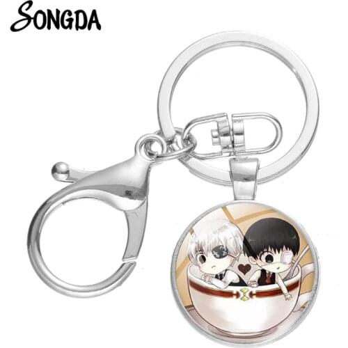 Hot Japan Anime Tokyo Ghoul Kaneki Ken Key Chain Handmade Art Picture Glass Cabochon Pendant Key Ring Holder Cosplay Accessories