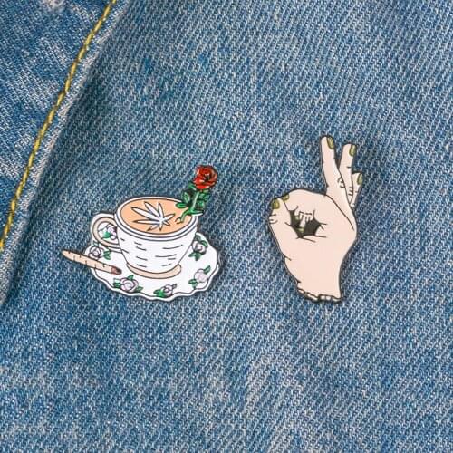 Coffee and Finger pins Middle finger rose coffee cup Punk Enamel pins Funny Gifts for friend Badges Lapel pins Fashion Jewelry
