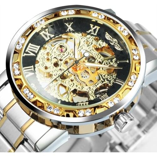 WINNER Transparent Skeleton Watch for Men Mechanical Wristwatches Iced Out Watches Mens 2021 Luxury Stainless Steel Strap Clock