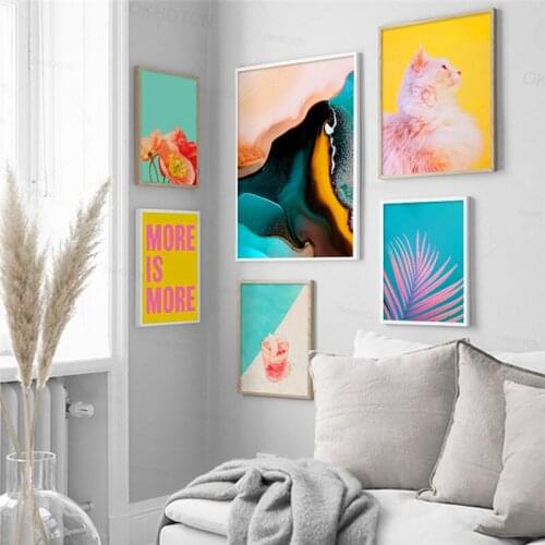 Colorful Tropical Plants Posters Palm Leaf Flower Cat Wall Art Canvas Painting Nordic Pictures For Living Room Home Decor