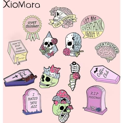 Pink Series Enamel Pins Feminism Skeleton Rose Skull Brooches Clothes Lapel Pin Gothic Badge Jewelry Gifts For Woman Wholesale