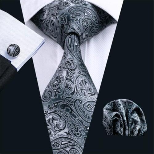 FA-209 2018 New Fashion Mens Tie Gray Paisley Silk Jacquard Woven Gravata Necktie Hanky Cufflinks Set For Business Wedding Party